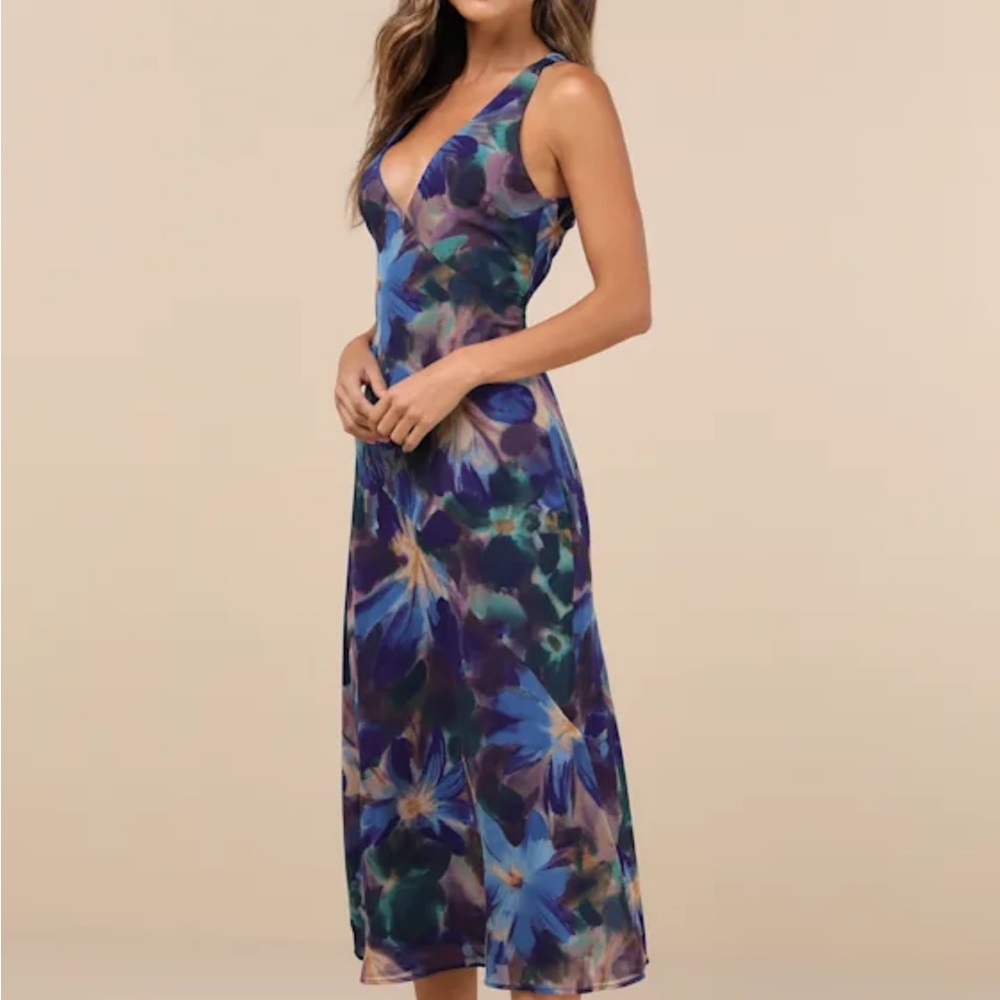 Lulu's Delight in Elegance Blue and Purple Floral Midi Dress